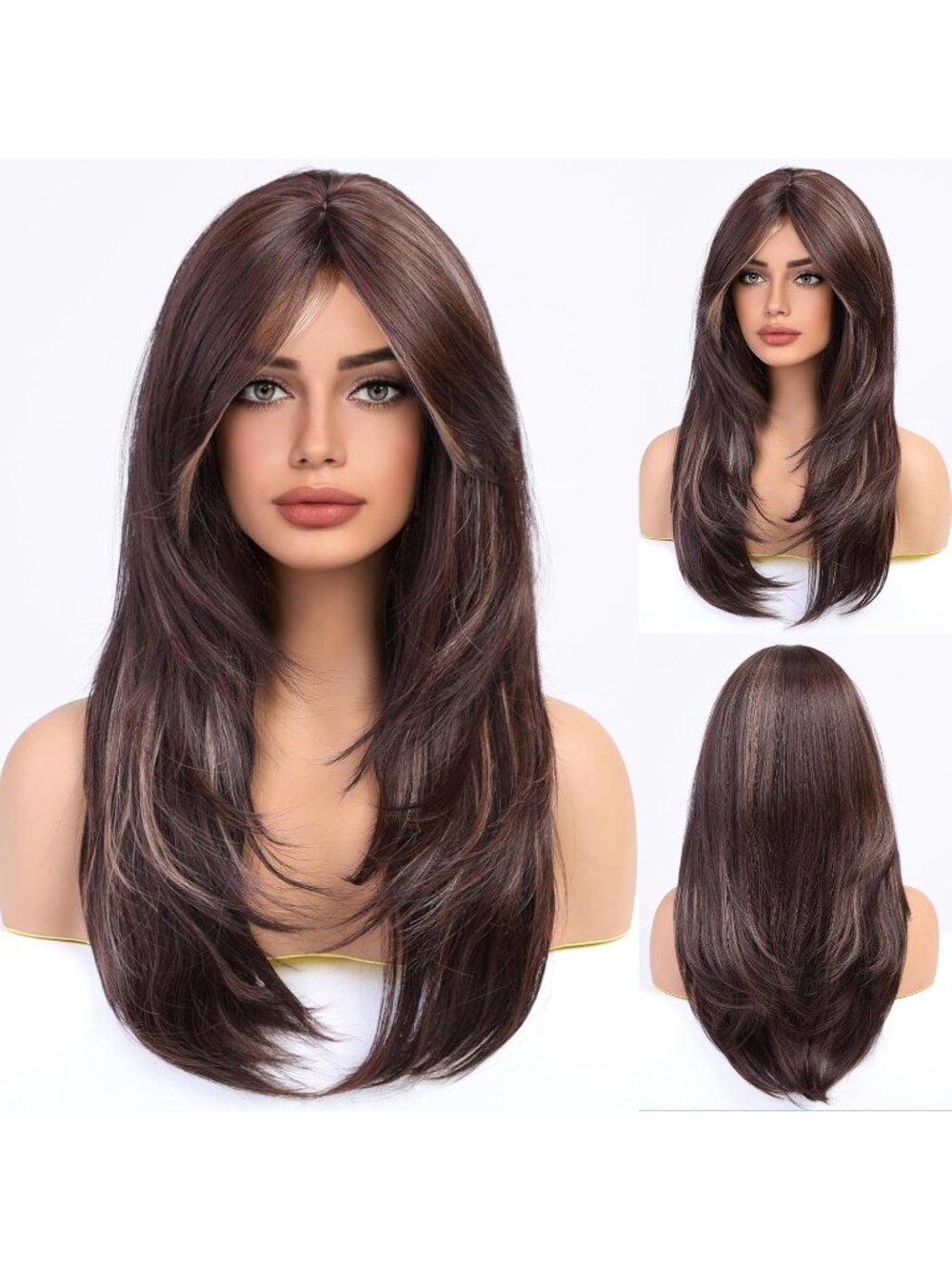 Women brown Heat Resistant Long Curly Shoulder Length Synthetic Wigs